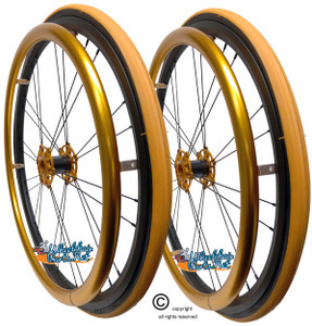 Shivoxx 24"x1" (540) Wheels with Primo V-Trak Orange Tires. Gold Pushrim, Aluminum/Carbon Hub and 1/2" Bearings