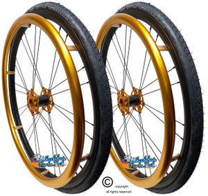 Shivoxx 24"x1" (540) Wheels with Schwalbe Marathon Plus Tires. Gold Pushrim, Aluminum/Carbon Hub and 1/2" Bearings