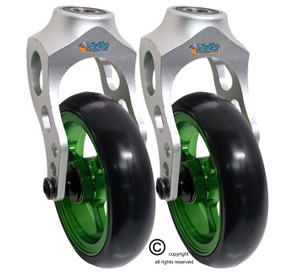 Aluminum Silver Caster Fork Assembly With 4x1 Soft Roll Wheel-Green Rim