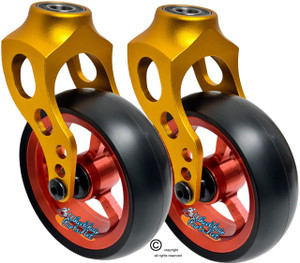 Gold Aluminum Caster Fork Assembly With 5x1.40 Soft Roll Wheels in Orange Color
