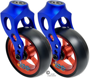 Blue Aluminum Caster Fork Assembly With 4x1.40 Soft Roll Wheels in Orange Color