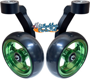 Single Sided Aluminum Caster Fork (Black) Assembly With 4"x1" Green Wheel. Set of 2