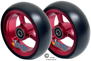 SHIVOSPYN 5" X 1.4" Aluminum 3 Spoke Wheel, Red Rim / Soft Urethane Tire with 5/16" bearings.