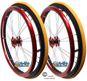 Shivoxx 24"x1" (540) Wheels with Primo V-Trak Yellow Tires. Red Pushrim, Aluminum/Carbon Hub and 1/2" Bearings