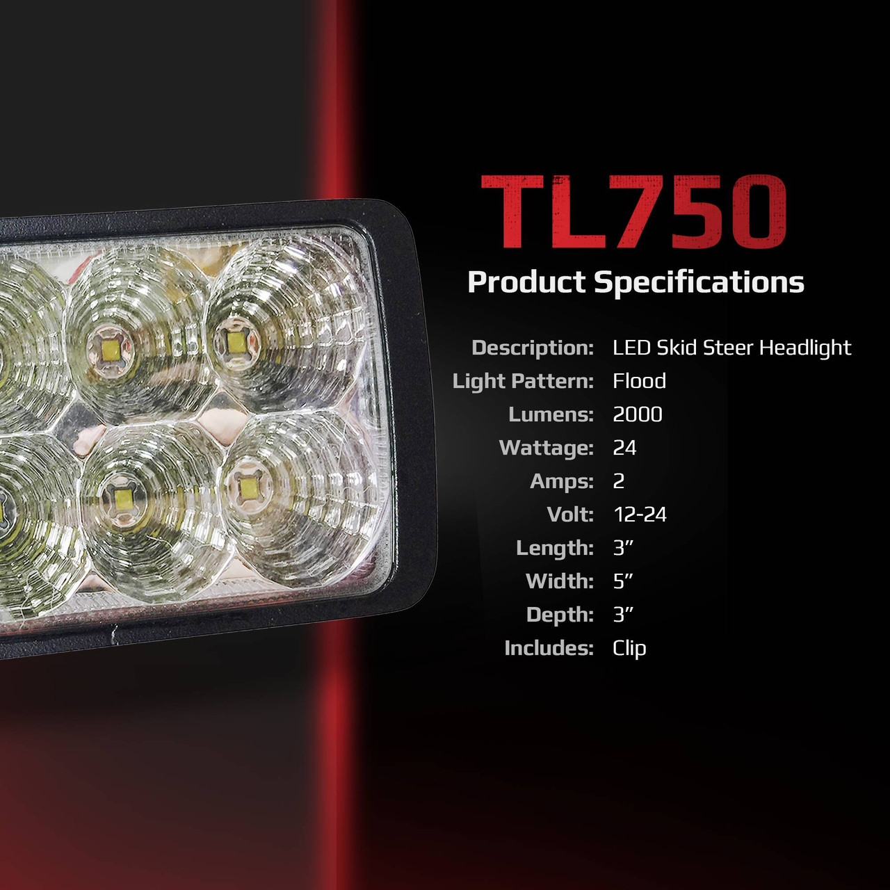 Skid Steer Headlight w/clip, TL750 Agricultural LED Lights