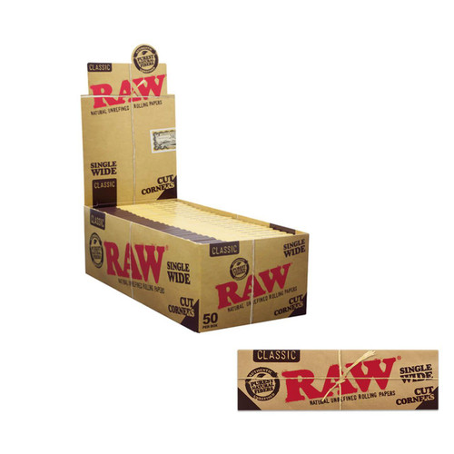 RAW Rolling Paper Single Wide Cut Corner  50/Box