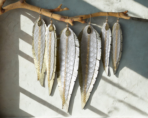  Leather Feather -Gold Lambskin with Cream Python 