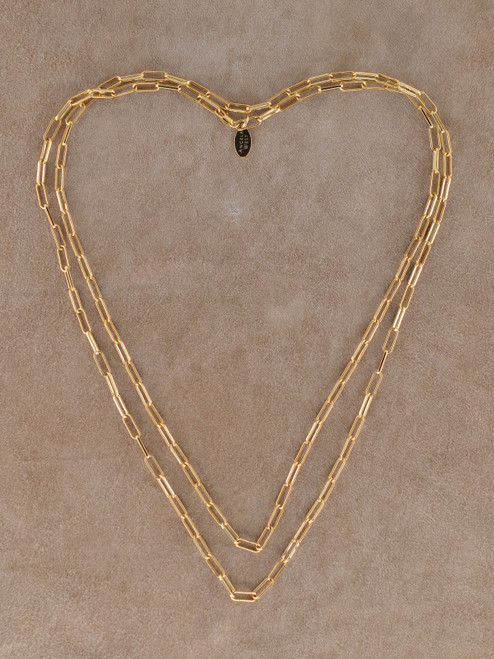 Mira Gold Chain in 14K gold overlay featuring elongated paperclip-style links, available in lengths from 18 to 42 inches.