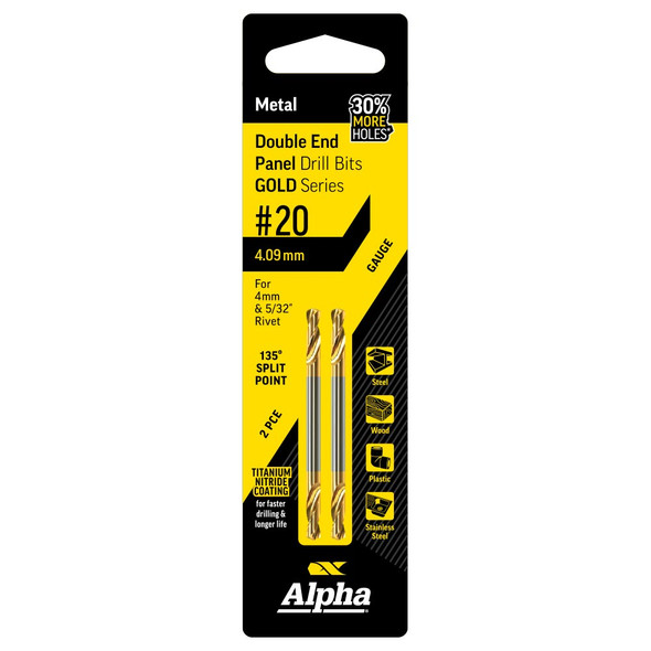Alpha Gold Series No. 20 Gauge (4.09mm) Panel Drill Bit Double Ended Carded 2 piece