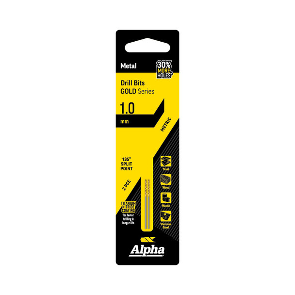 Alpha Gold Series Jobber Drill Metric 1.0mm - Carded 2pc