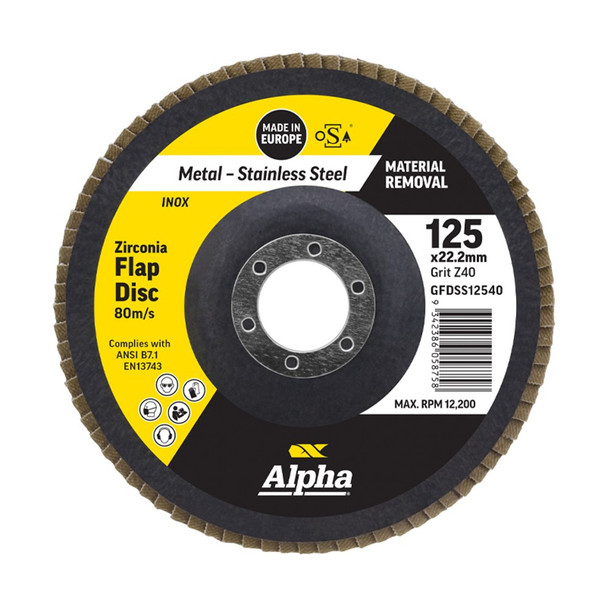 Alpha Flap Disc - Silver Series 125mm x ZK40 Grit Inox Stainless