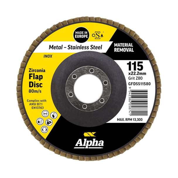 Alpha Flap Disc - Silver Series 115mm x ZK80 Grit Inox Stainless