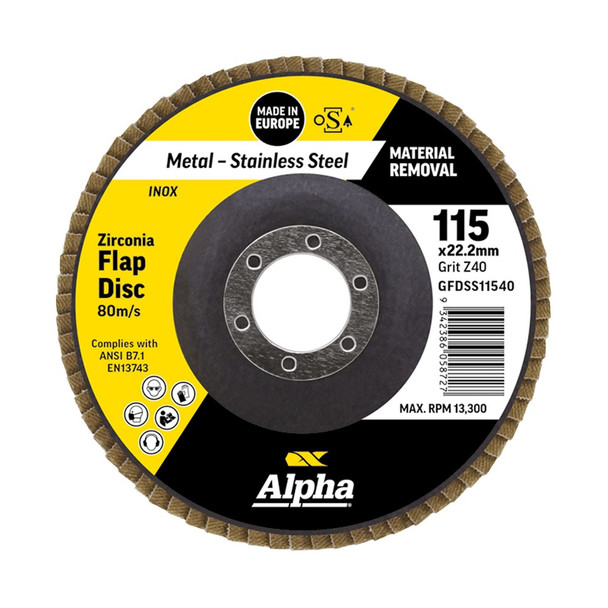 Alpha Flap Disc - Silver Series 115mm x ZK40 Grit Inox Stainless