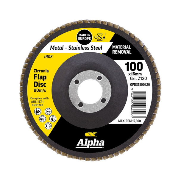 Alpha Flap Disc - Silver Series 100mm x ZK120 Grit Inox Stainless