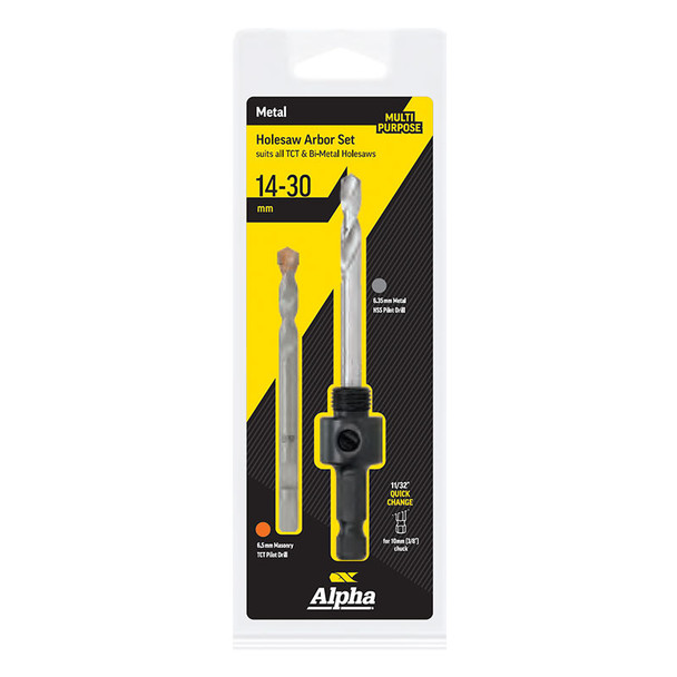 Alpha Small Arbor Set suits 14 - 30mm Holesaws - HSS & TCT - Quick Release