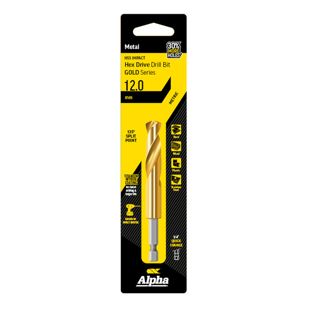 Alpha Gold Series HSS Impact HEX Drive Drill Bit 12.0mm