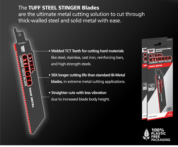 TUFF Steel Stinger TCT Tooth Recip Blade 12" x 8TPI Thick Metal - Card of 1