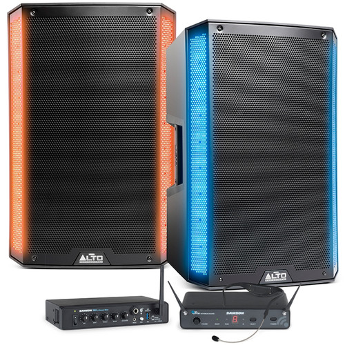 Dance Studio Sound System with 2 Alto 15" Loudspeakers with LED Lights, Wireless Fitness Headworn Microphone and Bluetooth Mixer (Discontinued)