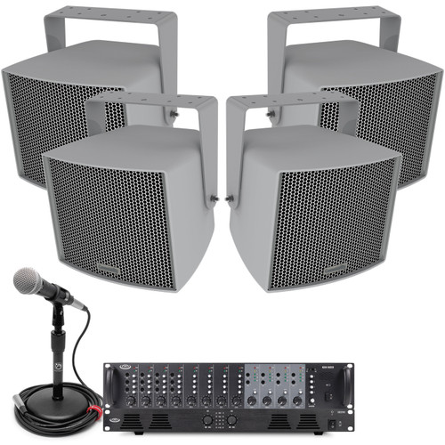 Multifield Baseball Stadium Sound System with 4 Community R.35 Weather-Resistant Loudspeakers, 4-Zone Mixer, 500W Amplifier, and Microphone