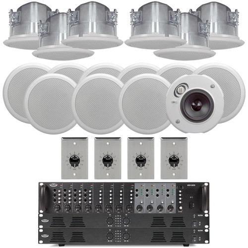 Restaurant Sound System with 16 SoundTube CM31-EZ In-Ceiling Speakers, 4 Zone Mixer, 2 Power Amplifiers and 4 Volume Controls