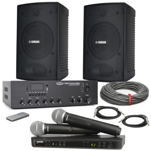Church Conference Room Sound System with 2 Surface Mount Speakers, Bluetooth Mixer Amplifier and Dual Wireless Microphone