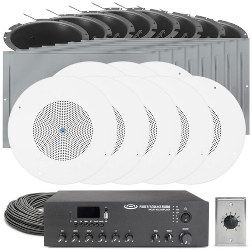 Restaurant Sound System with 8 Atlas SD72W 70V Ceiling Speaker Kits, Bluetooth Mixer Amplifier, and Volume Control