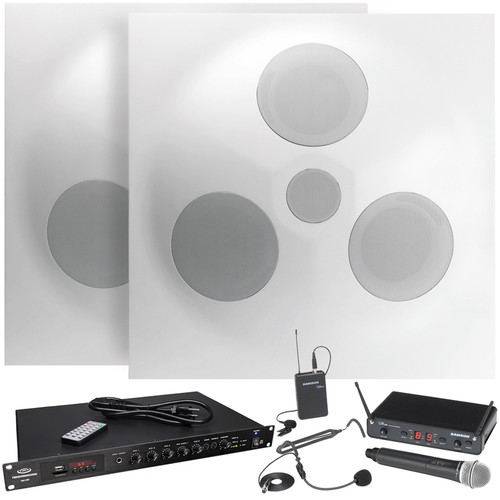 Classroom and Conference Room Sound System with 2 Ceiling Speaker Arrays, RMA120BT Rack Mount Bluetooth Mixer Amplifier and Dual Wireless Microphone System
