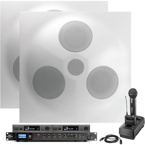 Conference Room Sound System with 2 SD5 SuperDispersion Ceiling Speaker Arrays, Bluetooth Mixer Amplifier and 2 Wireless Microphone Systems