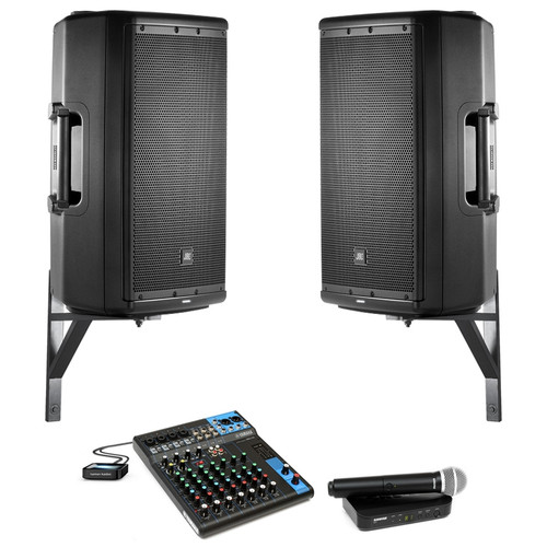 Auditorium Sound System with 2 JBL EON612 Powered Speakers, Yamaha MG10 Mixer, Bluetooth and Wireless Microphone (Discontinued Components)