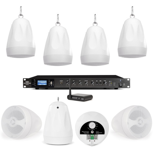 Background Sound System with 8 PD4W 4" 70V Pendant Speakers, RMA240BT 240W Mixer Amplifier and BTR1 Bluetooth Wireless Audio Receiver
