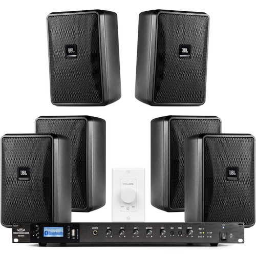 Restaurant Sound System with 6 JBL Control 23-1 Wall Mount Indoor Outdoor Speakers and Bluetooth Mixer Amplifier