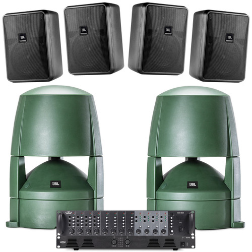 Restaurant Sound System with 4 JBL Control 25-1 Wall Mount Indoor Outdoor Speakers, 2 Landscape Garden Speakers and 2-Zone Bluetooth Mixer Amplifier