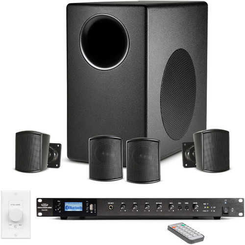 Restaurant Sound System with JBL Control 50 Subwoofer-Satellite Speaker System, Rackmount Bluetooth Mixer Amplifier and Volume Control