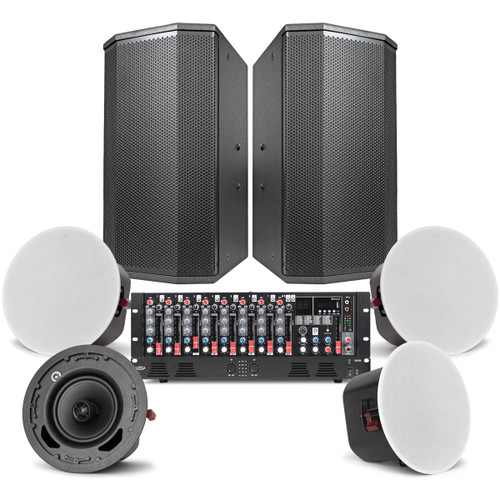 Gymnasium Audio System with 2 P110 10" PA Speakers, 4 C6 6.5" 70V Ceiling Speakers, MX9 9-Channel Mixer, and DA2500 Dual-Impedance 500W Power Amplifier (Discontinued Components)
