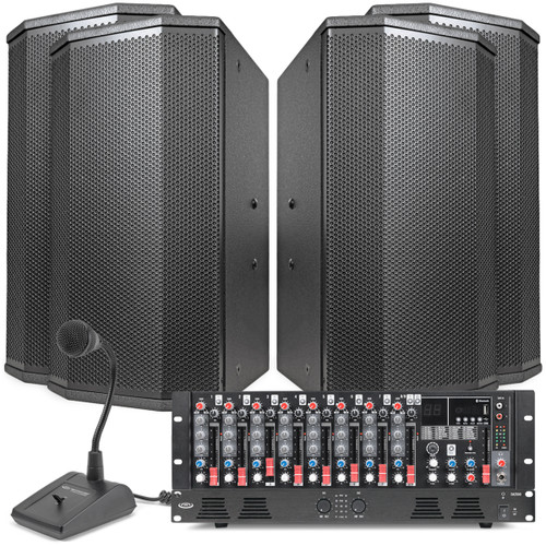 Gymnasium Speaker System with 4 P110 10" PA Speakers, MX9 9-Channel Mixer, DA2500 Dual-Impedance 500W Power Amplifier and PTT1 Paging Microphone (Discontinued Components)