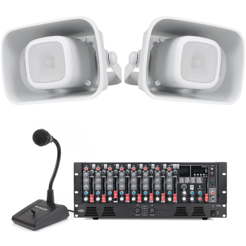Outdoor Stadium Speaker System with Horn Speakers, 9-Ch Mixer, Power Amp and Paging Mic
