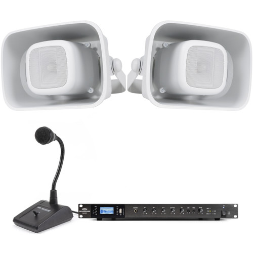 Outdoor Stadium Sound System with 2 H6 6.5" All-Weather Horn Speakers, RMA240BT 240W Rack Mount Bluetooth Mixer Amplifier and PTT1 Paging Microphone