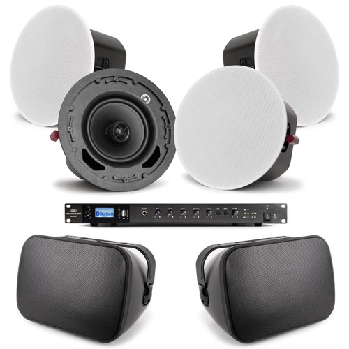 Business Sound System with 2 S6.1 6.5" Premium 70V Outdoor Speakers, 4 C6 6.5" 70V Ceiling Speakers and RMA240BT 240W Rack Mount Mixer Amplifier