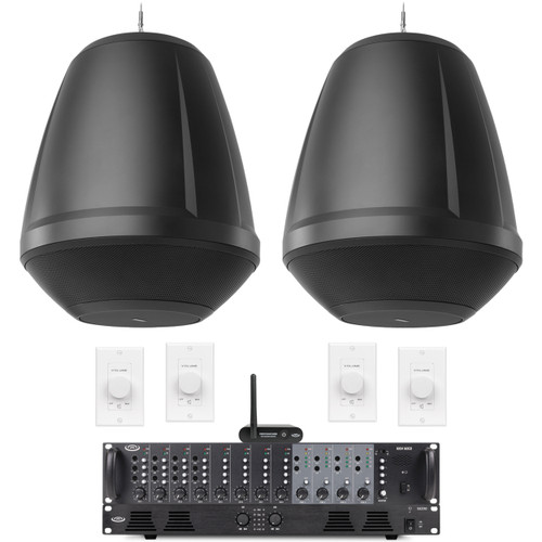Restaurant Sound System with 2 QSC AcousticDesign Pendant Speakers, Pure Resonance Audio 4-Zone Mixer, 240W Power Amplifier, Volume Controls, and Bluetooth Music Streaming