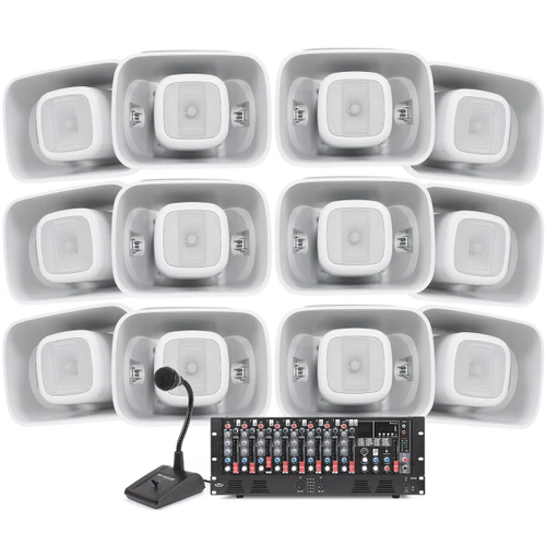 Warehouse PA System with 70V Horn Speakers, 9-Ch Mixer, Power Amp and Paging Mic 