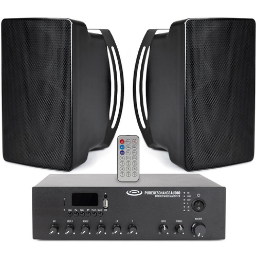 Restaurant Sound System with 2 Pure Resonance Audio S5 Indoor/Outdoor Surface Mount Speakers and MA120BT Bluetooth Mixer Amplifier