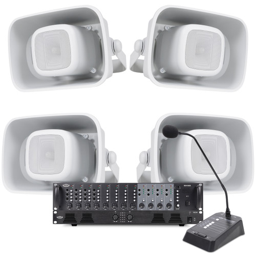Two-Zone Paging System with 4 H6 6.5" All-Weather Horn Loudspeakers, MX84 Multi-Zone Mixer, DA2240 Power Amplifier and MX8-PM Paging Microphone