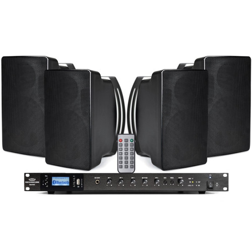 Commercial Outdoor Speaker System with 4 Pure Resonance Audio S5 Indoor/Outdoor Surface Mount Speakers and RMA240BT Rack Mount Bluetooth Mixer Amplifier