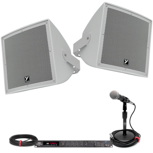 Outdoor Stadium Sound System with 2 Yorkville Weather Resistant Speakers and 350W Rack Mount Bluetooth Mixer Amplifier