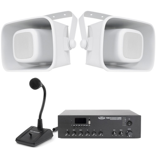 Outdoor Speaker System with 2 H6 6.5" All-Weather Horn Speakers, MA120BT 120W Bluetooth Mixer Amplifier and PTT1 Paging Microphone