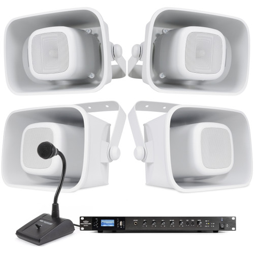 Outdoor Paging System with 70V Horn Speakers, Mixer Amp and Paging Mic
