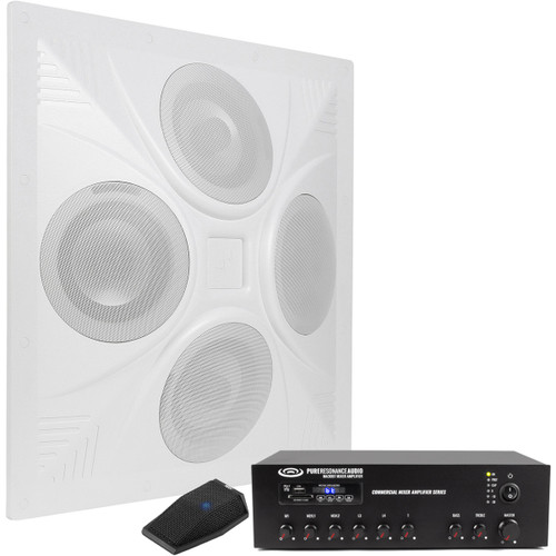 Conference Room Sound System with SD4 Ceiling Speaker Array, MA30BT Bluetooth Mixer Amplifier and Web Conferencing Microphone