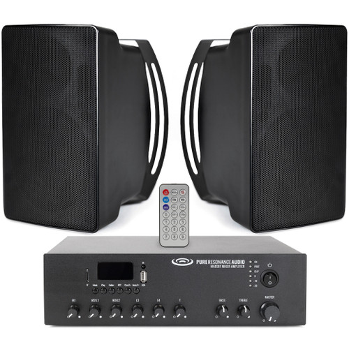 School Sound System with 2 Pure Resonance Audio S5 Indoor/Outdoor Surface Mount Speakers and MA120BT Bluetooth Mixer Amplifier
