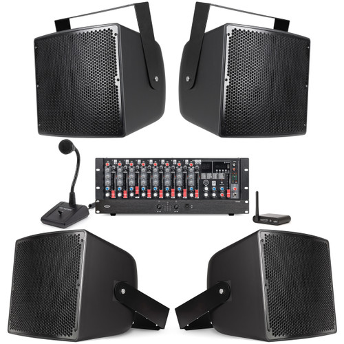 Stadium Speaker System with 4 S12 12" Stadium Speakers, MX9 Mixer, LA21000 Power Amplifier, PTT1 Paging Mic and BTR1 Bluetooth Wireless Receiver