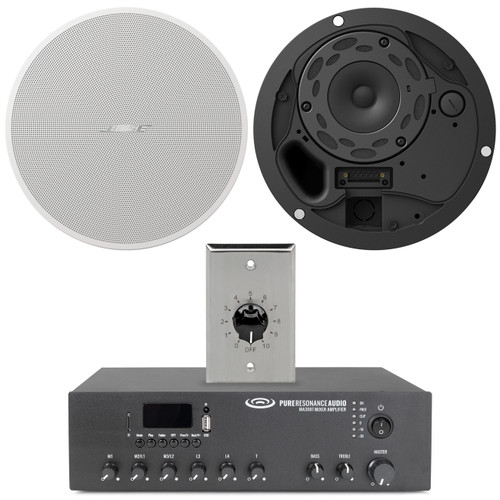 Bose Ceiling Restaurant Sound System with 2 DesignMax DM3C 3.25" Speakers, 30W Bluetooth Mixer Amplifier, and Wall Mount Volume Control
